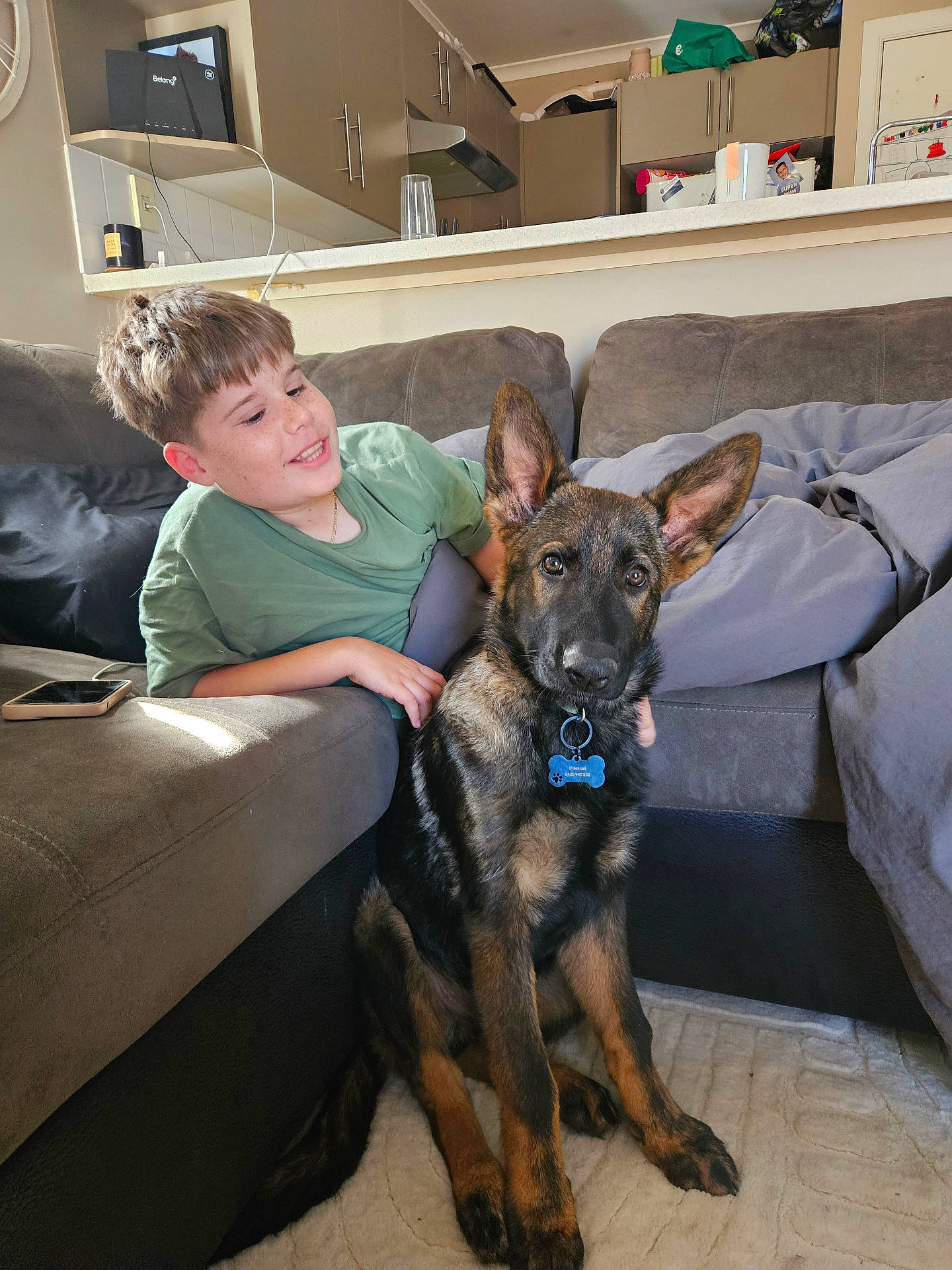 Koa is registered to the contest to win money with this photo: boy, brown_hair, casual_clothing, child, couch, dog, ear, friendship, furniture, german_shepherd, home, indoor, living_room, looking_at_camera, pet, puppy, relaxed, rug, smile, young