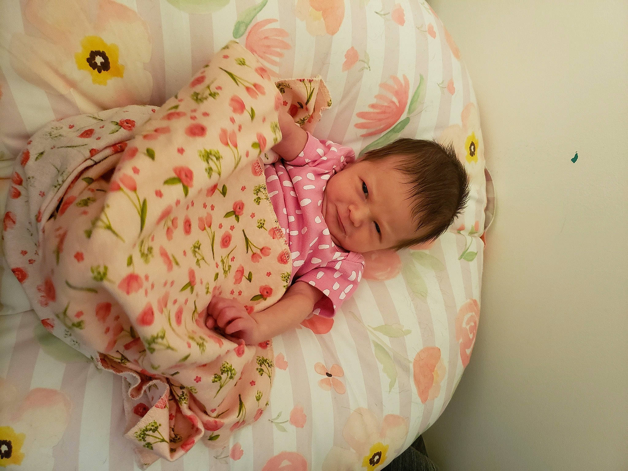 Hadley is registered to the contest to win money with this photo: arm, baby, baby_products, baby_toddler_clothing, bed, bedding, bedtime, cheek, child, comfort, face, head, linens, mammal, person, pink, room, skin, sleeve, textile