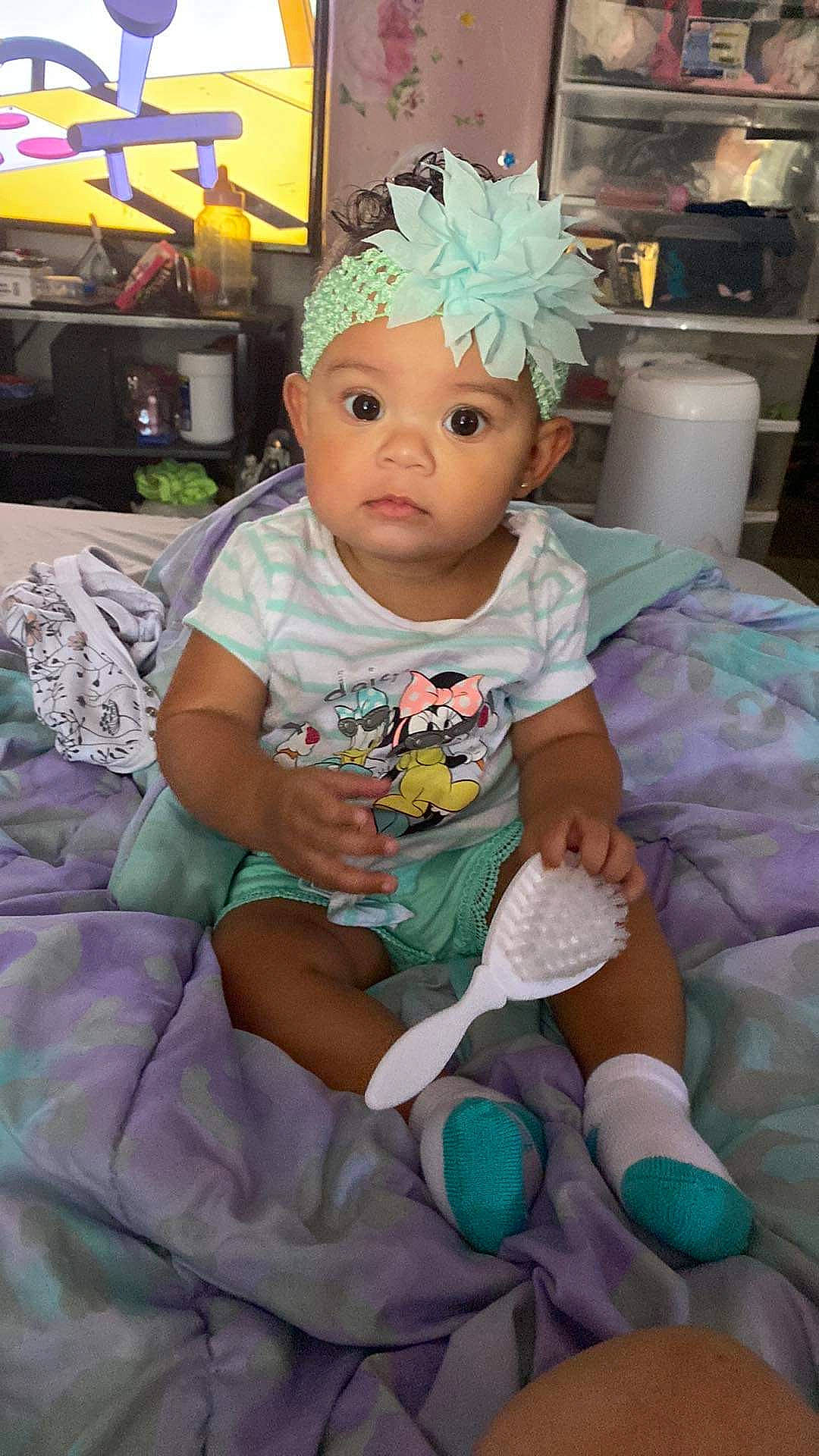 Deziriah Nicole joined the competition — help win amazing prizes! baby, baby_toddler_clothing, child, crown, event, fashion_accessory, fun, happy, headband, headgear, headpiece, headwear, iris, jewellery, pattern, person, pink, purple, room, sitting