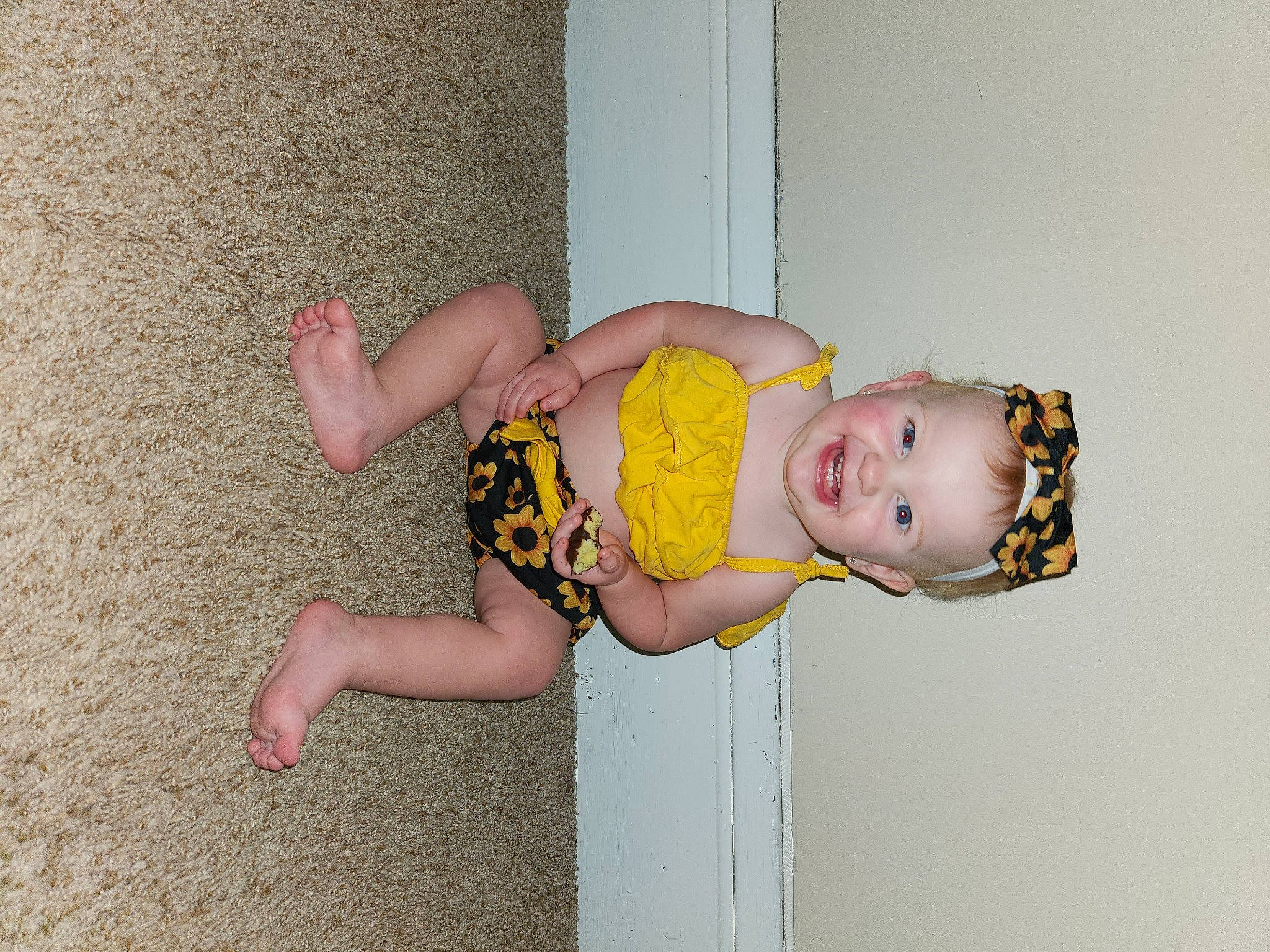 Allison joined the competition — help win amazing prizes! baby, baby_toddler_clothing, barefoot, calf, child, facial_expression, flooring, foot, fun, happy, human_leg, joy, knee, pattern, person, room, smile, thigh, toddler, wrist