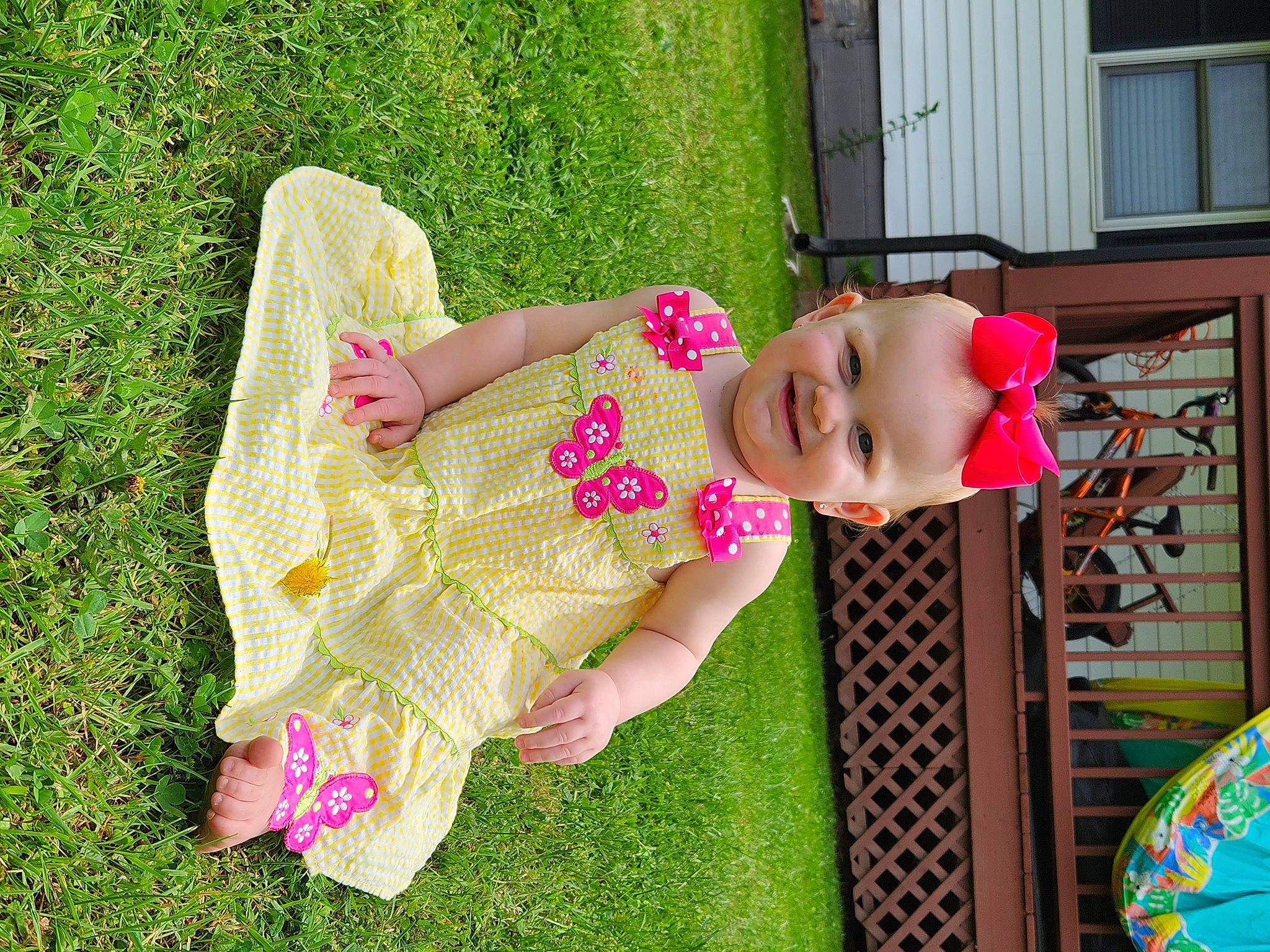 Allison is registered to the contest to win money with this photo: baby, baby_toddler_clothing, child, dress, face, fun, grass, happy, joy, leaf, leisure, magenta, people, people_in_nature, person, pink, plant, product, smile, summer
