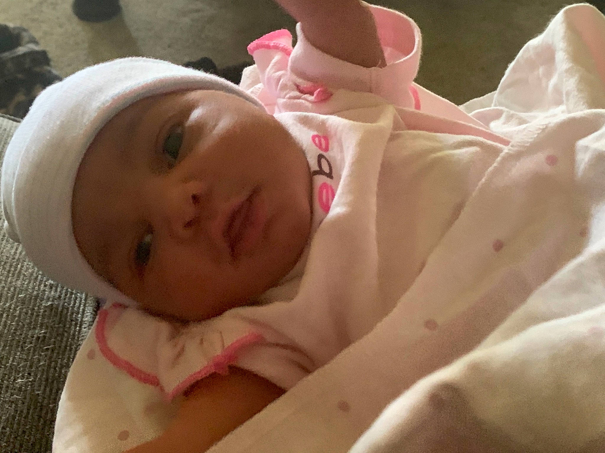 Miracle is registered to the contest to win money with this photo: baby, baby_products, baby_safety, baby_toddler_clothing, bedtime, cheek, child, childbirth, close_up, comfort, event, happy, hat, headwear, linens, lip, person, room, skin, smile