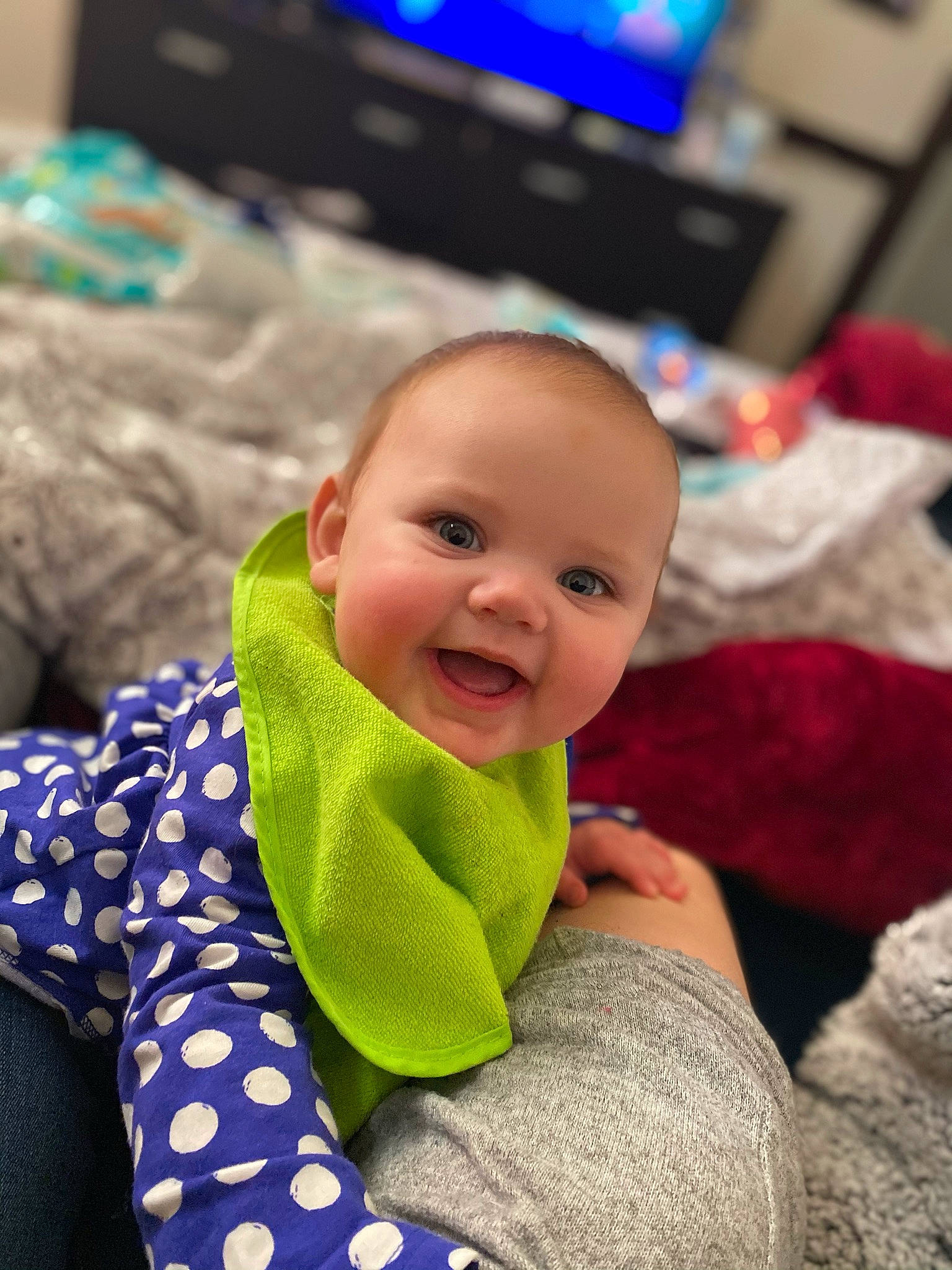 Blakeleigh is registered to the contest to win money with this photo: baby, baby_toddler_clothing, blue, child, collar, comfort, eye, face, happy, head, headgear, home_appliance, iris, joy, linens, person, skin, sleeve, smile, television