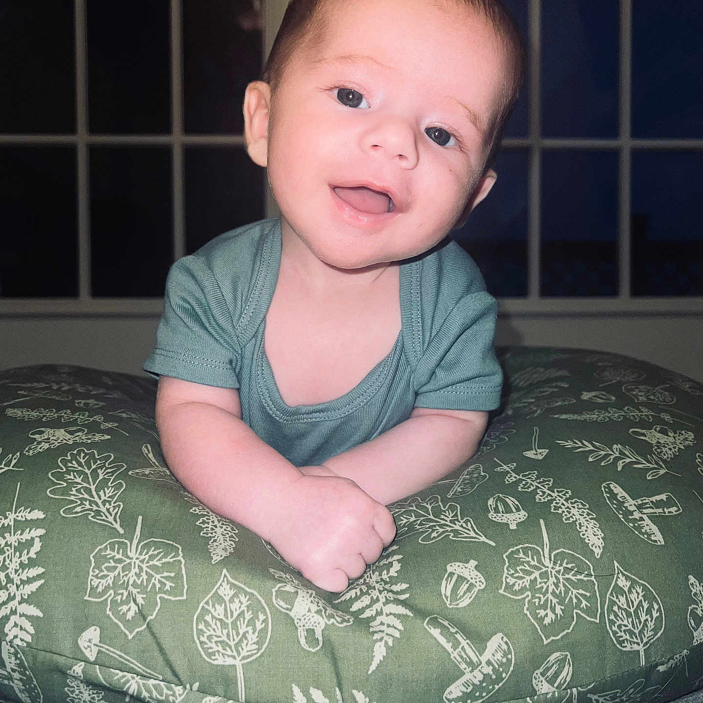Oliver joined the competition — help win amazing prizes! baby, babylaughing, bed, bodypart, clothing, couch, cushion, face, furniture, happy, head, homedecor, mouth, person, photography, pillow, portrait, sitting, smile, t_shirt