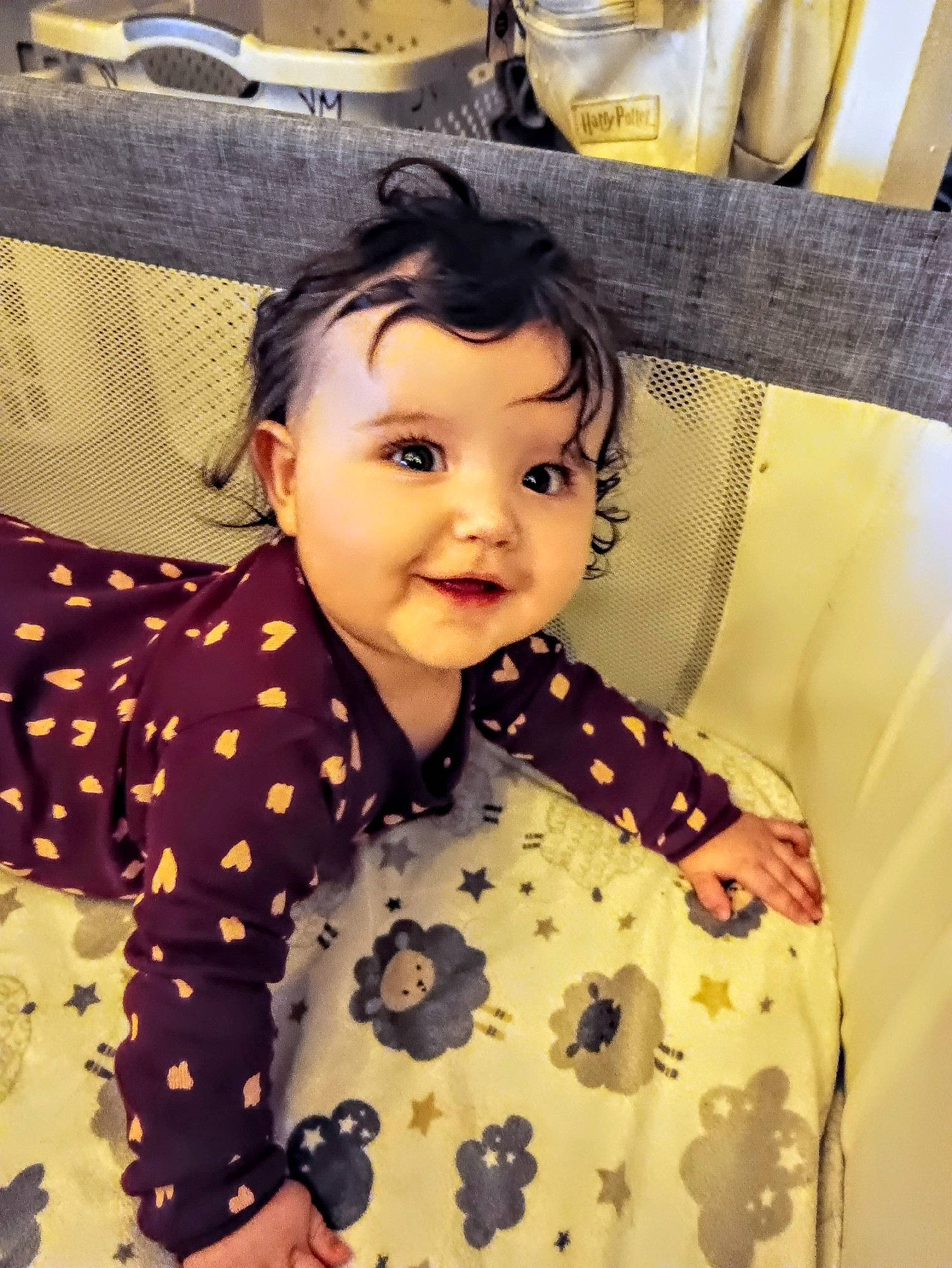Kaylee joined the competition — help win amazing prizes! baby, baby_toddler_clothing, child, comfort, eye, face, fashion_design, hair, happy, head, linens, pattern, person, sitting, skin, sleeve, smile, textile, toddler, vintage_clothing