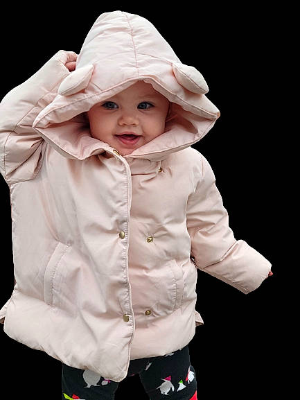 Ryan joined the competition — help win amazing prizes! baby, baby_toddler_clothing, cap, child, clothing, collar, face, facial_expression, fashion_accessory, gesture, happy, headwear, hood, jacket, outerwear, pattern, person, pink, product, sleeve
