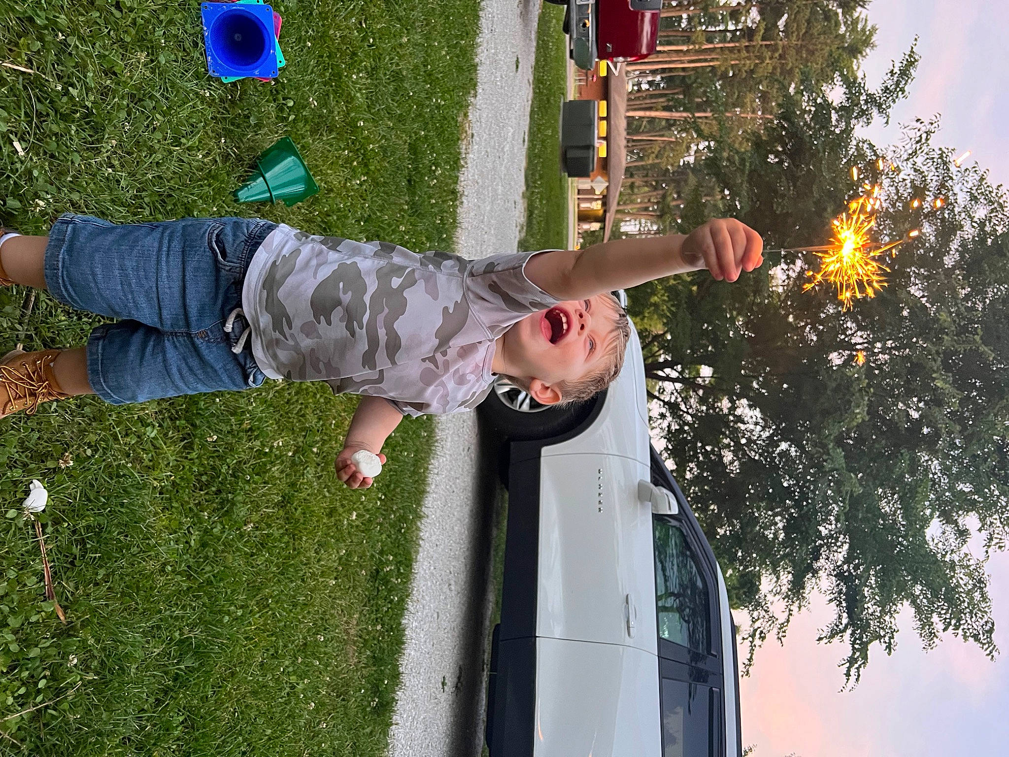 Carter is registered to the contest to win money with this photo: automotive_exterior, automotive_lighting, automotive_window_part, blue, car, family_car, fun, grass, green, leisure, line, motor_vehicle, people_in_nature, person, photograph, sky, t_shirt, toddler, tree, vehicle