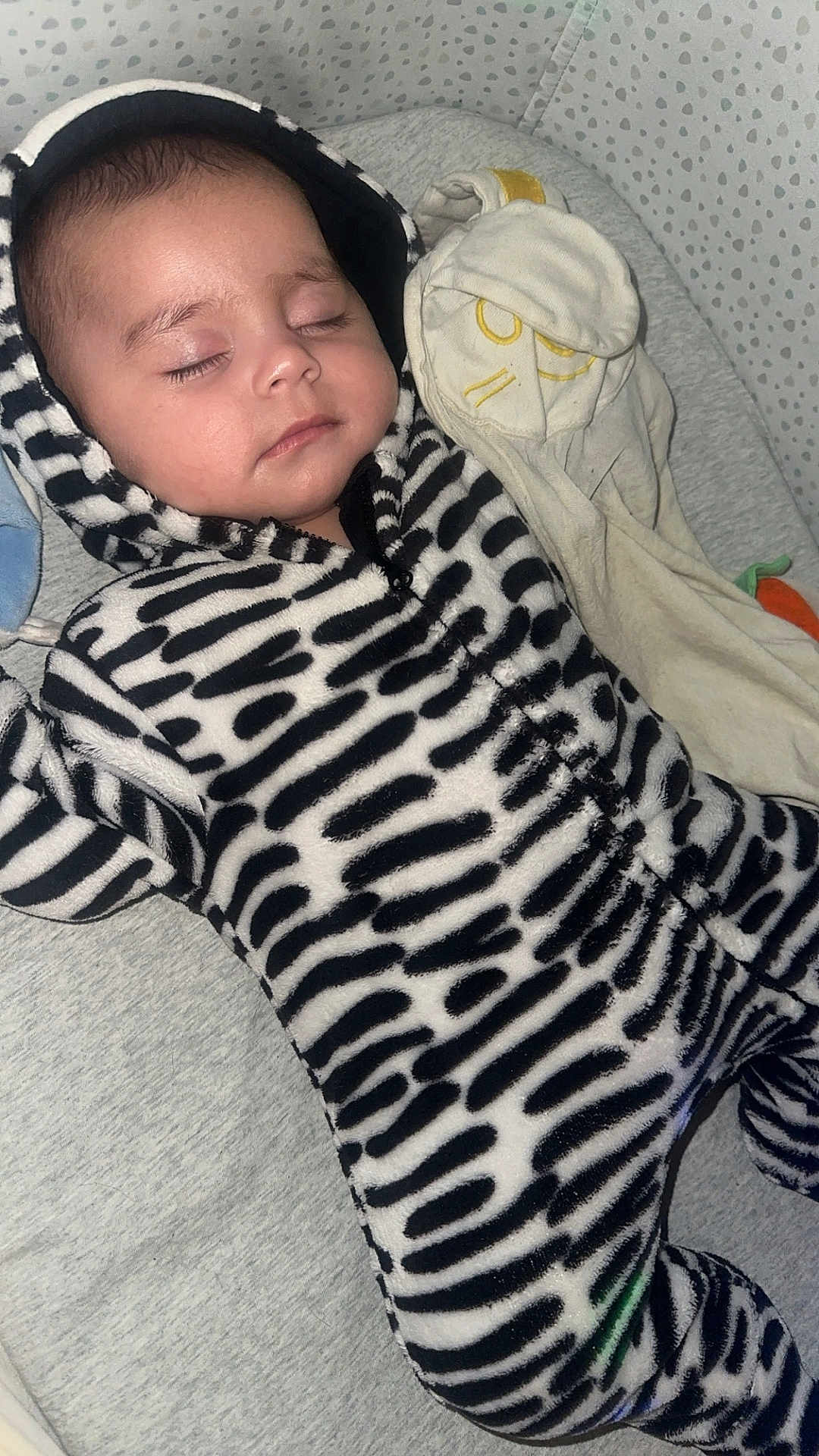 Inaya participe au concours pour gagner de l'argent avec cette photo : baby, sleeping, onesie, zebra_stripes, plush_toy, soft_texture, cozy, infant, child, cute, peaceful, face, closed_eyes, headwear, indoor, blanket, bed, pattern, young, resting