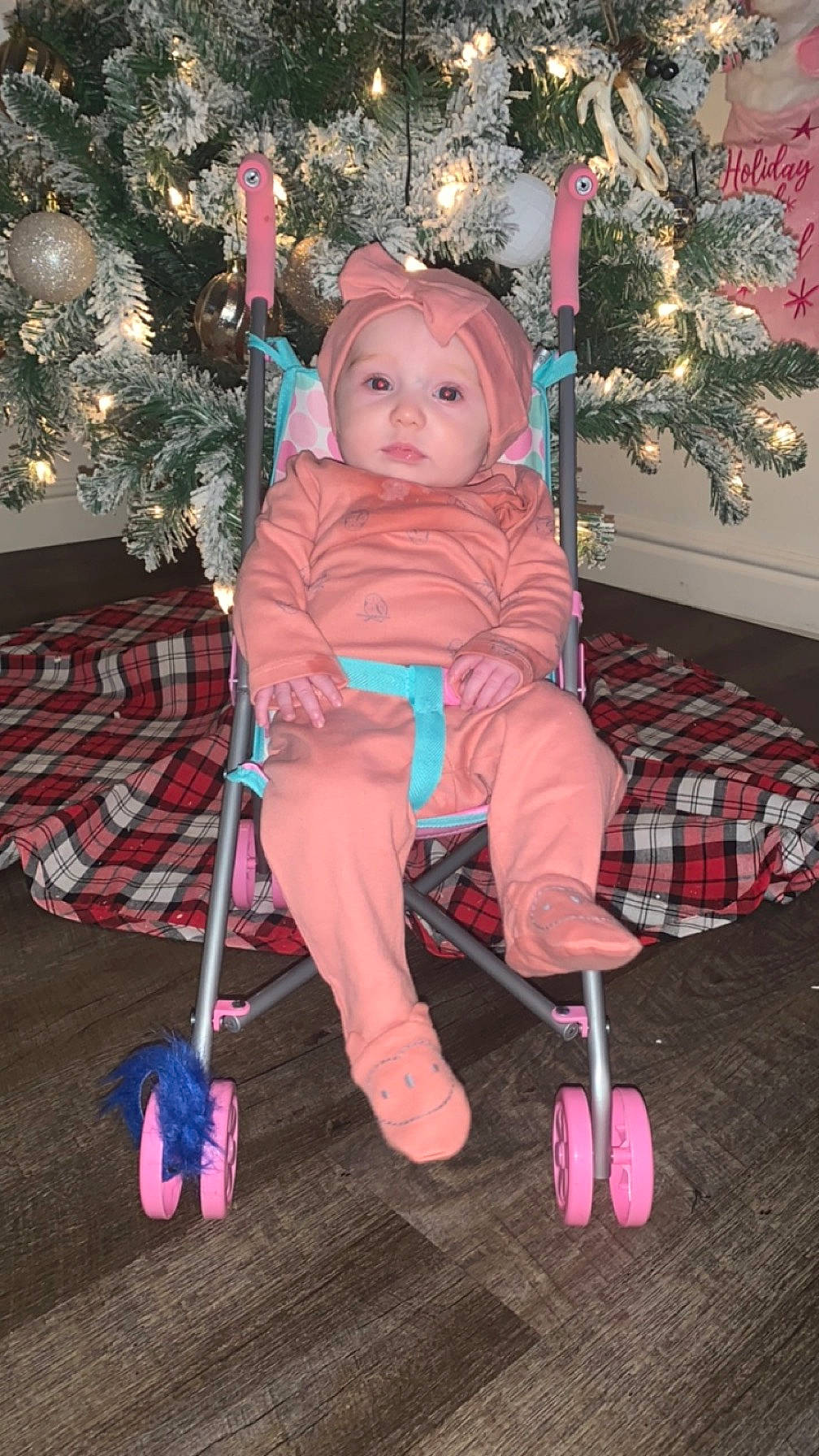 Kynlee is registered to the contest to win money with this photo: baby_toddler_clothing, child, christmas, christmas_decoration, christmas_eve, christmas_ornament, christmas_tree, event, fun, happy, headwear, holiday, holiday_ornament, lap, ornament, person, pink, sitting, snapshot, toddler
