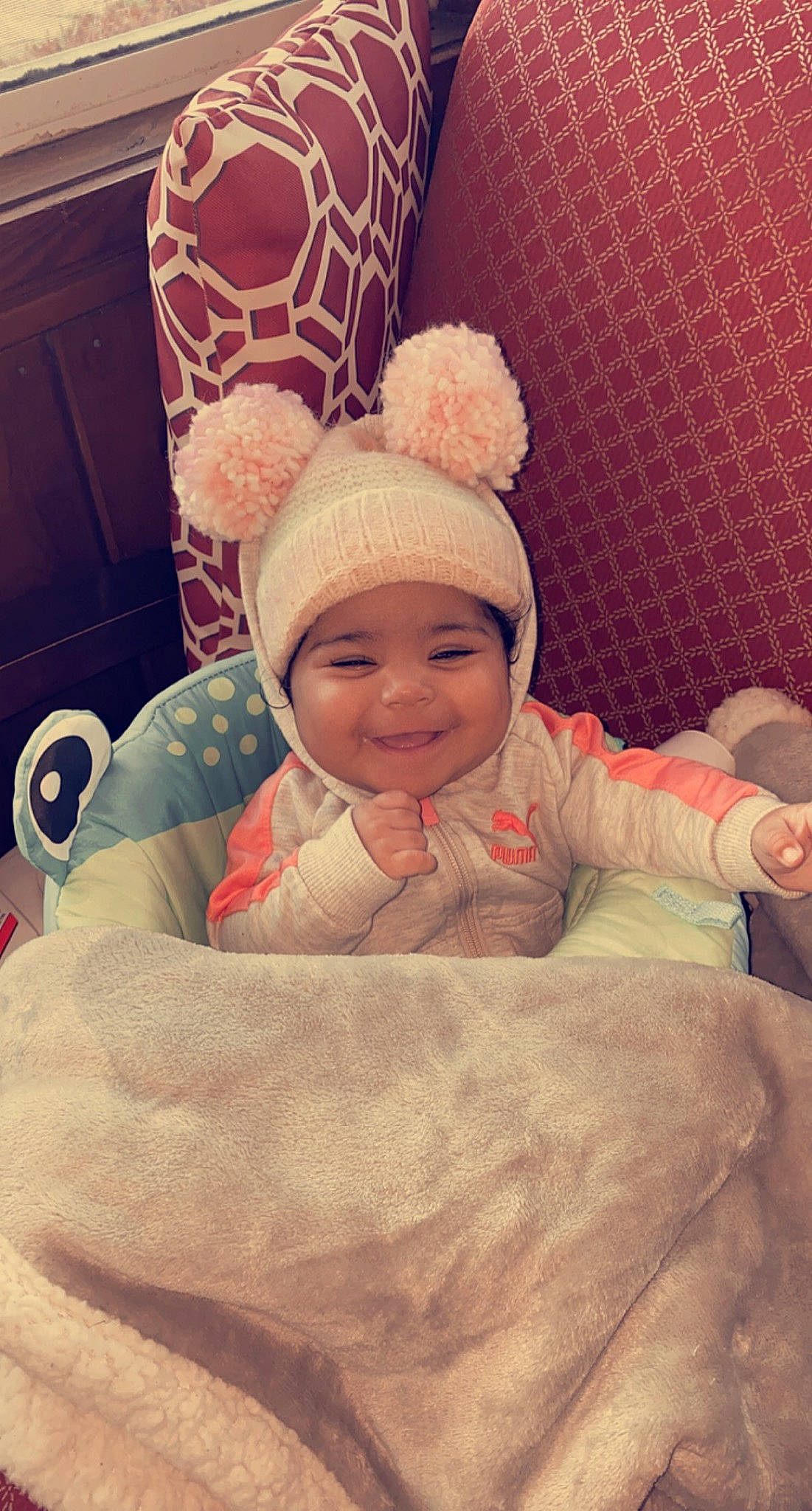Kylah joined the competition — help win amazing prizes! baby, baby_laughing, baby_toddler_clothing, beanie, bonnet, costume_accessory, hair_accessory, happy, headband, headgear, headwear, joy, knit_cap, laugh, person, pleased, toddler, wool