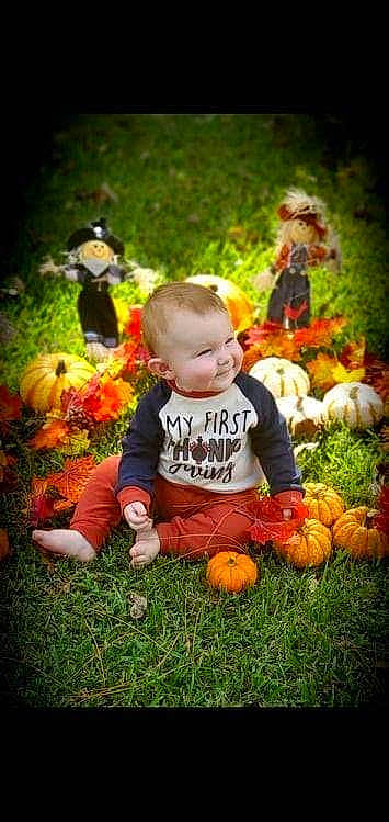 Parker joined the competition — help win amazing prizes! botany, calabaza, cucurbita, gourd, grass, happy, lawn, leaf, natural_foods, orange, people, people_in_nature, person, photograph, plant, pumpkin, squash, toddler, tree, vegetable