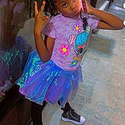 Londyn joined the competition — help win amazing prizes! child, girl, posing, phone, peace_sign, tutu_skirt, cartoon_shirt, reflection, night, concrete_floor, black_shoes, braided_hair, casual_clothing, playful, outdoor, sidewalk, window, reflection_in_glass, colorful_outfit, young_person