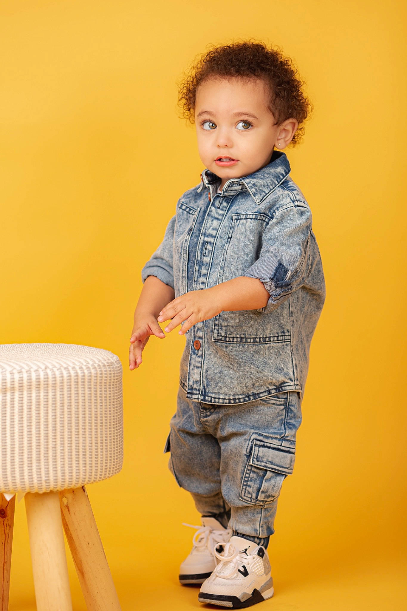 Easton joined the competition — help win amazing prizes! audio_equipment, baby_toddler_clothing, button, child, collar, denim, dress_shirt, electric_blue, fashion_design, happy, knee, pattern, person, portrait_photography, sitting, sleeve, t_shirt, toddler, top, toy