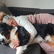 Rocket participe au concours pour gagner de l'argent avec cette photo : woman, dog, bernese_mountain_dog, couch, hugging, sleeping, indoor, relaxation, gray_couch, white_sweater, pink_pants, pet, companion, cozy, fur, resting, comfort, home, nap, friendship