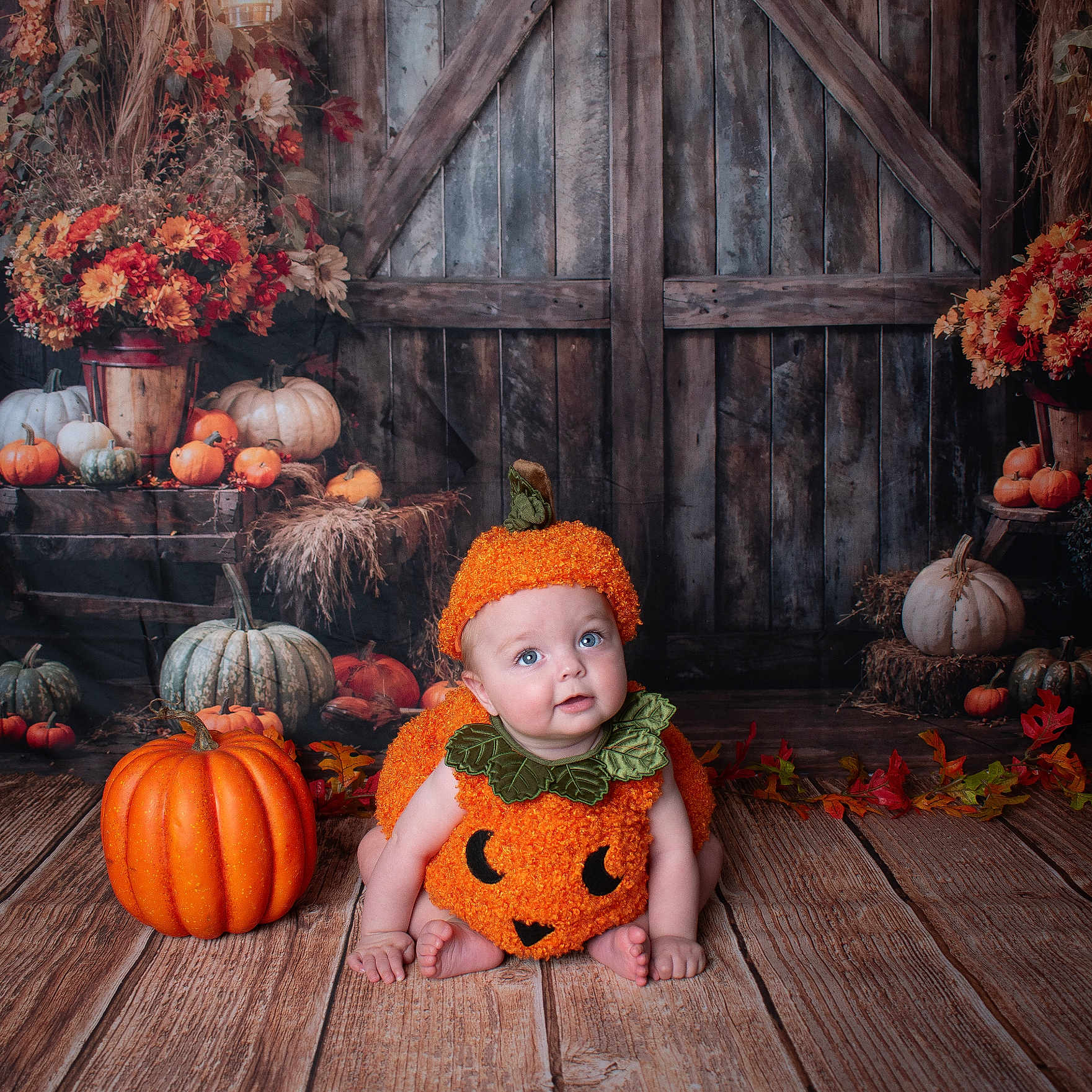 Noah is registered to the contest to win money with this photo: autumn, baby, barn_door, child, cute, decor, fall, festive, flowers, green_leaves, holiday, indoors, orange, portrait, pumpkin_costume, pumpkins, seasonal, sitting, smiling, wooden_floor
