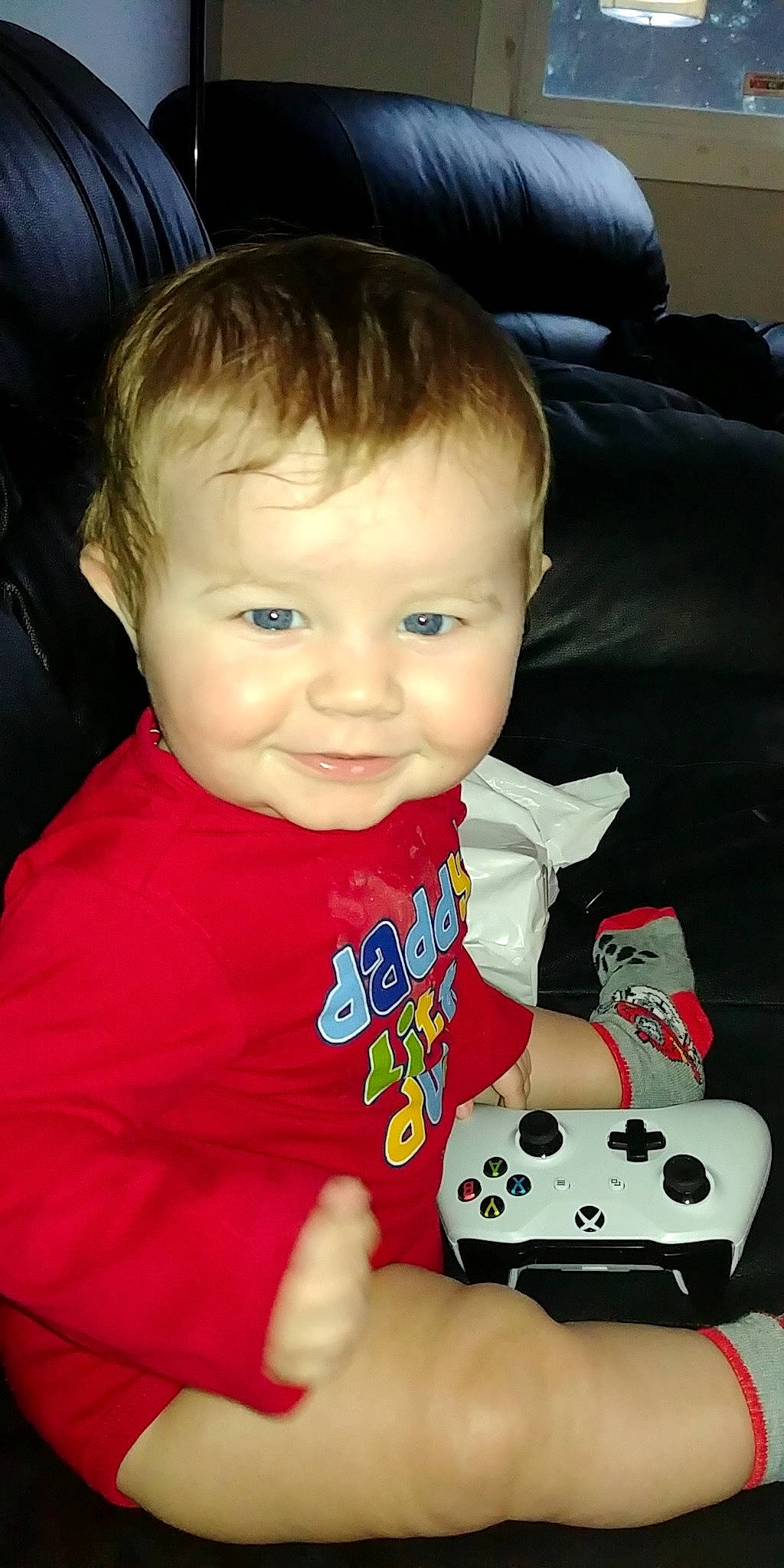 Graysyn joined the competition — help win amazing prizes! baby, cheek, child, ear, electronic_device, eye, gadget, head, iris, person, play, remote_control, skin, smile, technology, toddler