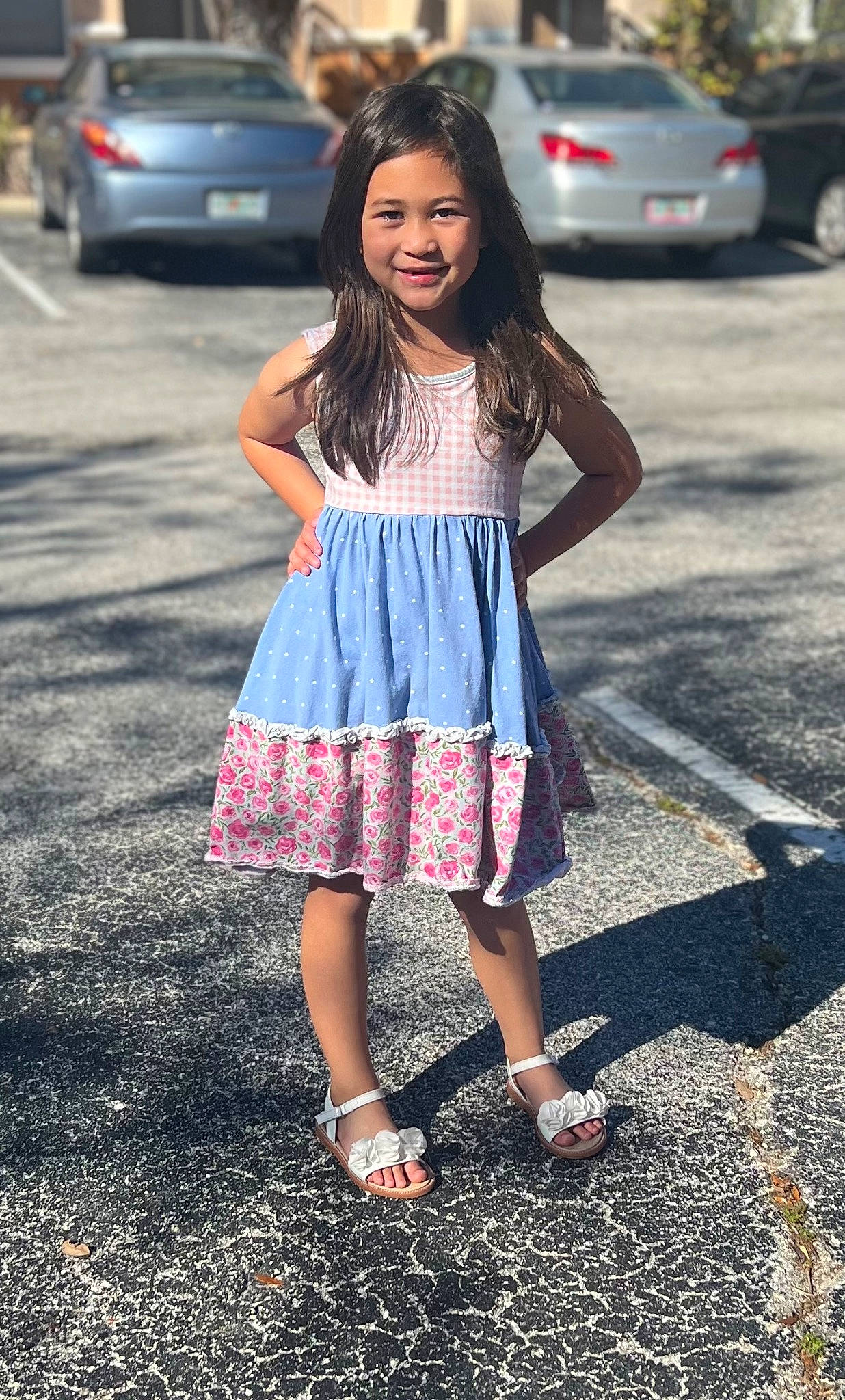 Lilyanna is registered to the contest to win money with this photo: asphalt, car, day_dress, dress, electric_blue, fashion, fashion_design, formal_wear, hair, human_leg, joy, long_hair, pattern, person, plaid, plant, road, road_surface, shoe, style