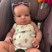 Seylah joined the competition — help win amazing prizes! baby, infant, car_seat, graco, pink_sunglasses, onesie, ice_cream_pattern, cupcake_pattern, child, cute, seatbelt, sitting, indoor, person, portrait, young_child, baby_clothing, toy, colorful, comfortable