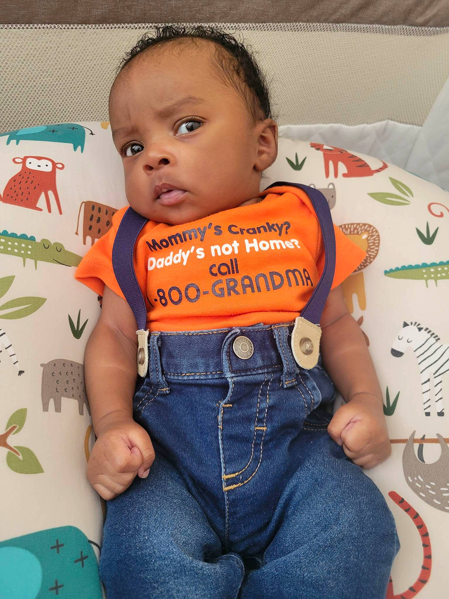Jacoby joined the competition — help win amazing prizes! arm, baby, baby_products, baby_toddler_clothing, cheek, child, comfort, electric_blue, face, happy, head, orange, pattern, person, product, skin, sleeve, t_shirt, textile, toddler