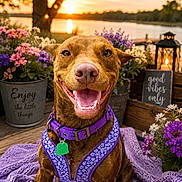 Mystery is registered to the contest to win money with this photo: dog, purple_harness, purple_collar, brown_dog, smiling_dog, flowers, potted_plants, sunset, lake, lantern, candle, wooden_deck, purple_blanket, sign, good_vibes_only, enjoy_the_little_things, outdoor, nature, happy, pet