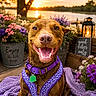 dog, purple_harness, purple_collar, brown_dog, smiling_dog, flowers, potted_plants, sunset, lake, lantern, candle, wooden_deck, purple_blanket, sign, good_vibes_only, enjoy_the_little_things, outdoor, nature, happy, pet