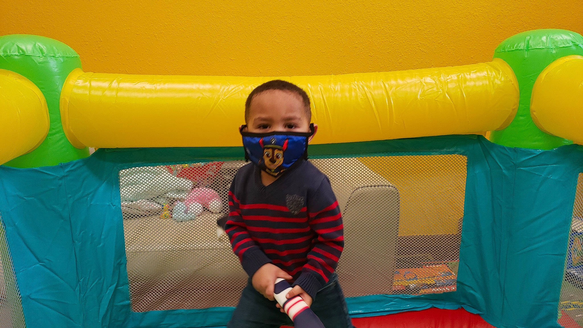 Trayvon joined the competition — help win amazing prizes! bounce_house, child, chute, comfort, electric_blue, fun, games, inflatable, leisure, mammal, outdoor_play_equipment, pattern, person, personal_protective_equipment, photograph, play, playground, recreation, room, sitting