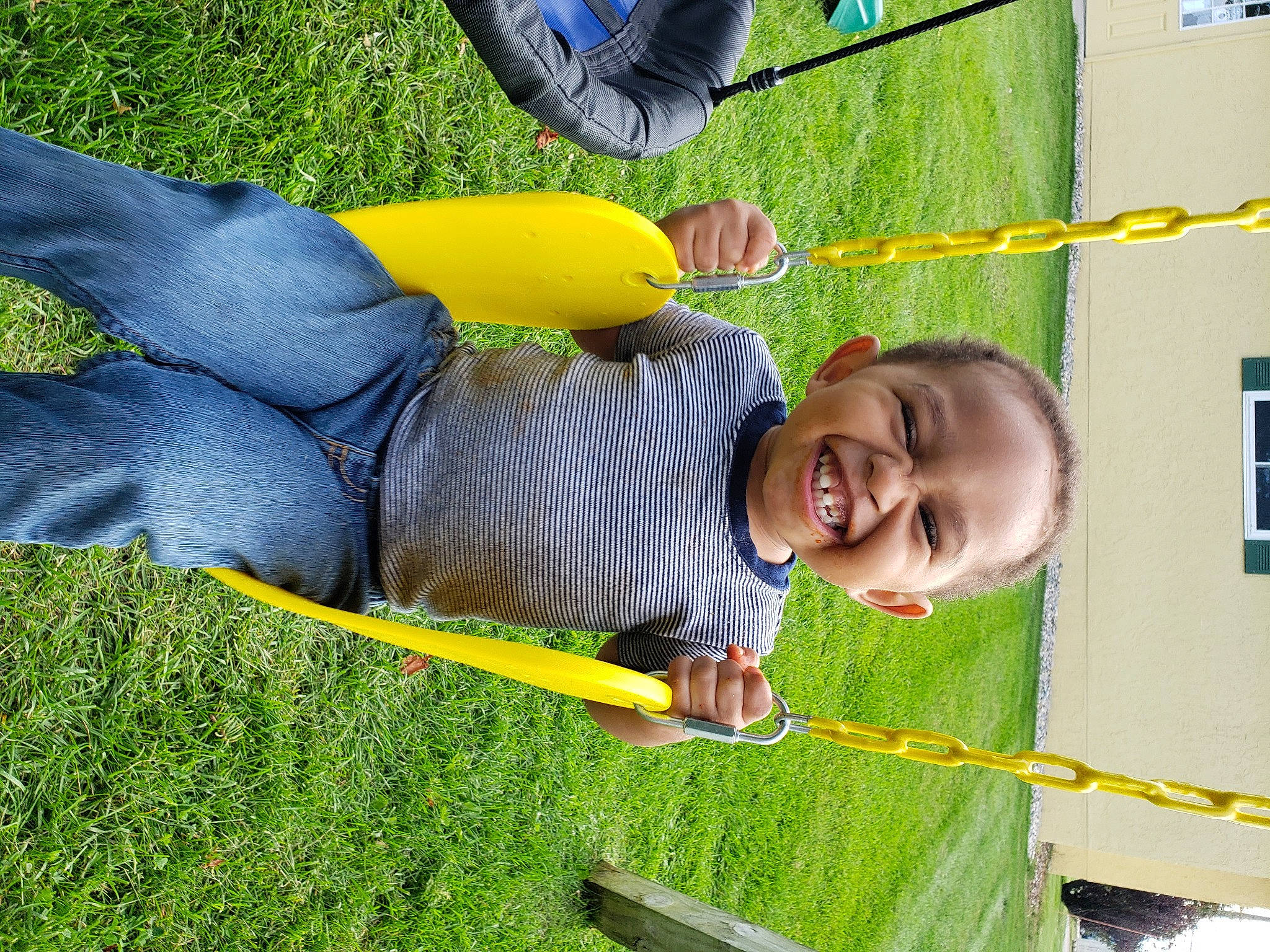 Trayvon joined the competition — help win amazing prizes! baby, baby_toddler_clothing, blue, child, city, fun, grass, green, happy, joy, lawn, leisure, outdoor_play_equipment, person, plant, play, recreation, smile, t_shirt, toddler