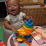 Tiana joined the competition — help win amazing prizes! baby, child, smiling, toy, baby_seat, onesie, winnie_the_pooh, colorful, indoor, floor_mat, basket, wooden_wall, play, happy, infant, person, cute, plastic_toy, face, young
