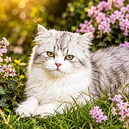 Angel participe au concours pour gagner de l'argent avec cette photo : cat, fluffy, gray_and_white, grass, flowers, pink_flowers, greenery, sunlight, outdoor, nature, pet, animal, relaxed, lying_down, garden, close_up, cute, soft_fur, peaceful, daylight