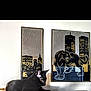 animal, artwork, black_cat, building, cat, cityscape, domestic_cat, feline, framed_picture, home_decor, indoor, lighting, night, pet, relaxing, resting, roaring_panther, urban, wall, window_blinds_reflection