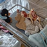newborn, baby, hospital, bassinet, blanket, plush_toy, giraffe_toy, monkey_toy, clothing, socks, person, infant, bed, sleeping, cute, soft, comfort, indoor, resting, peaceful