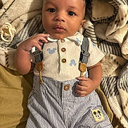 Xyion joined the competition — help win amazing prizes! baby, infant, child, face, clothing, striped_shorts, suspenders, mickey_mouse_patch, blanket, pacifier, hand, eyes, head, cute, portrait, sleepwear, soft_texture, indoors, lying_down, curious
