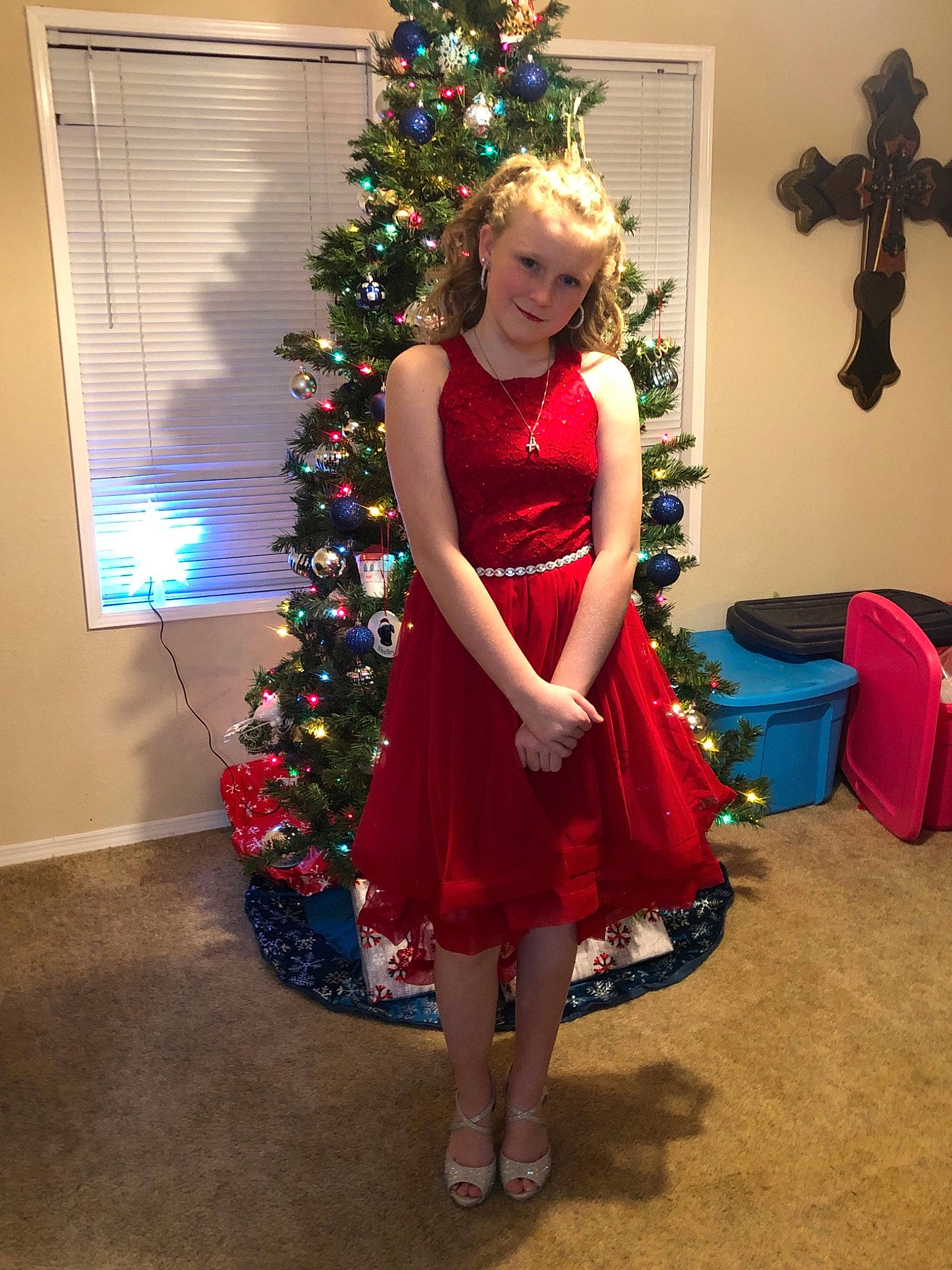 Regan is registered to the contest to win money with this photo: christmas, christmas_decoration, christmas_eve, christmas_ornament, christmas_tree, clothing, cocktail_dress, costume, dress, event, formal_wear, headwear, holiday, interior_design, outerwear, person, plant, shoulder, smile, standing