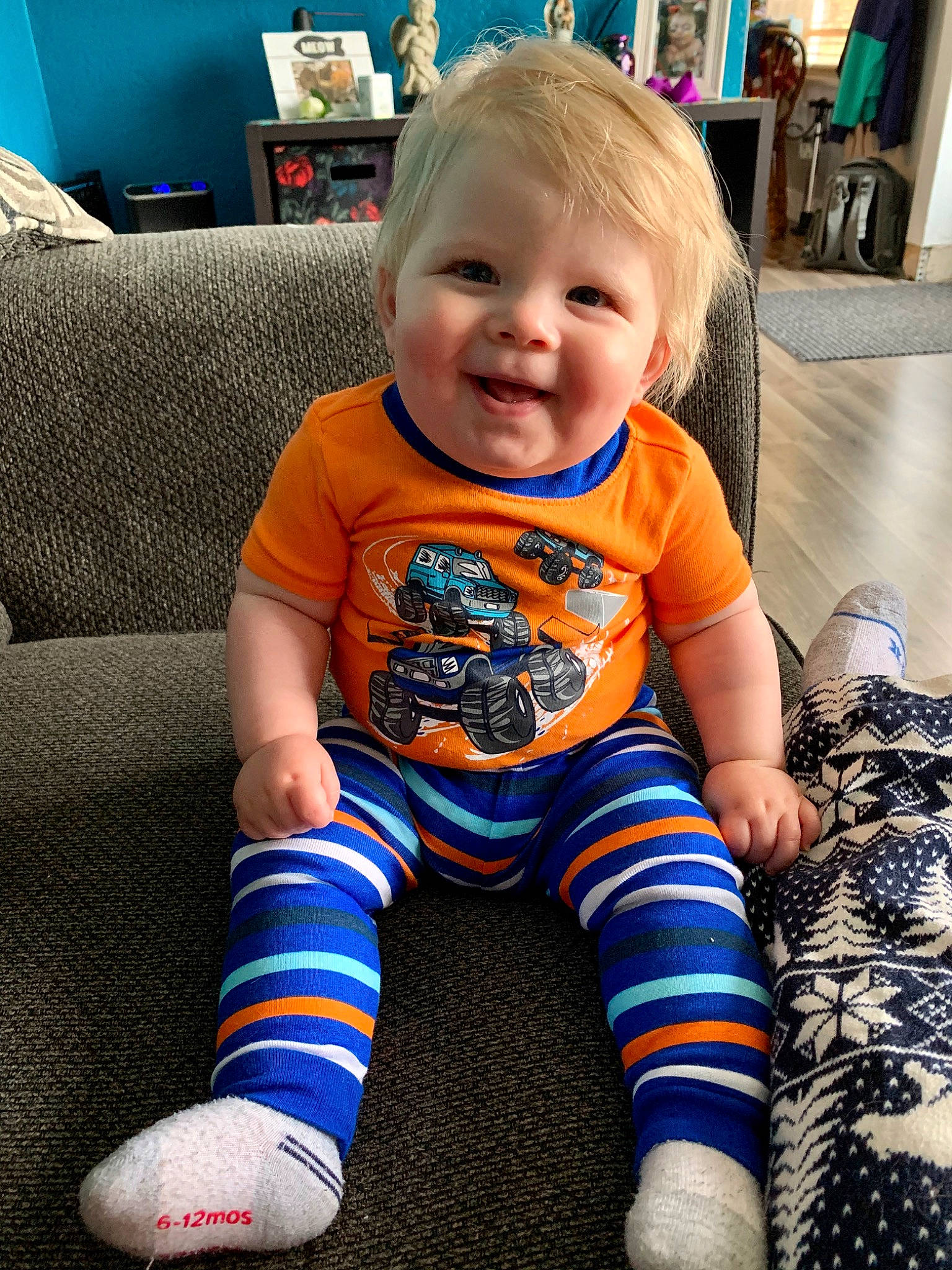 Brayson joined the competition — help win amazing prizes! baby, baby_toddler_clothing, child, comfort, cool, couch, electric_blue, hairstyle, happy, head, knee, person, photograph, product, skin, sleeve, smile, snapshot, t_shirt, thigh