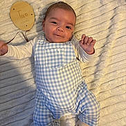 Taio is registered to the contest to win money with this photo: baby, infant, smile, blue_checkered_overalls, white_long_sleeve_shirt, socks, soft_blanket, wooden_sign, two_months, lying_down, cute, child, portrait, indoors, happy, face, hands, feet, cozy, newborn