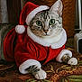 cat, tabby_cat, santa_hat, red_clothing, festive, holiday, pet, animal, green_eyes, cute, indoor, furry, whiskers, paws, costume, relaxed, portrait, christmas, cozy, close_up