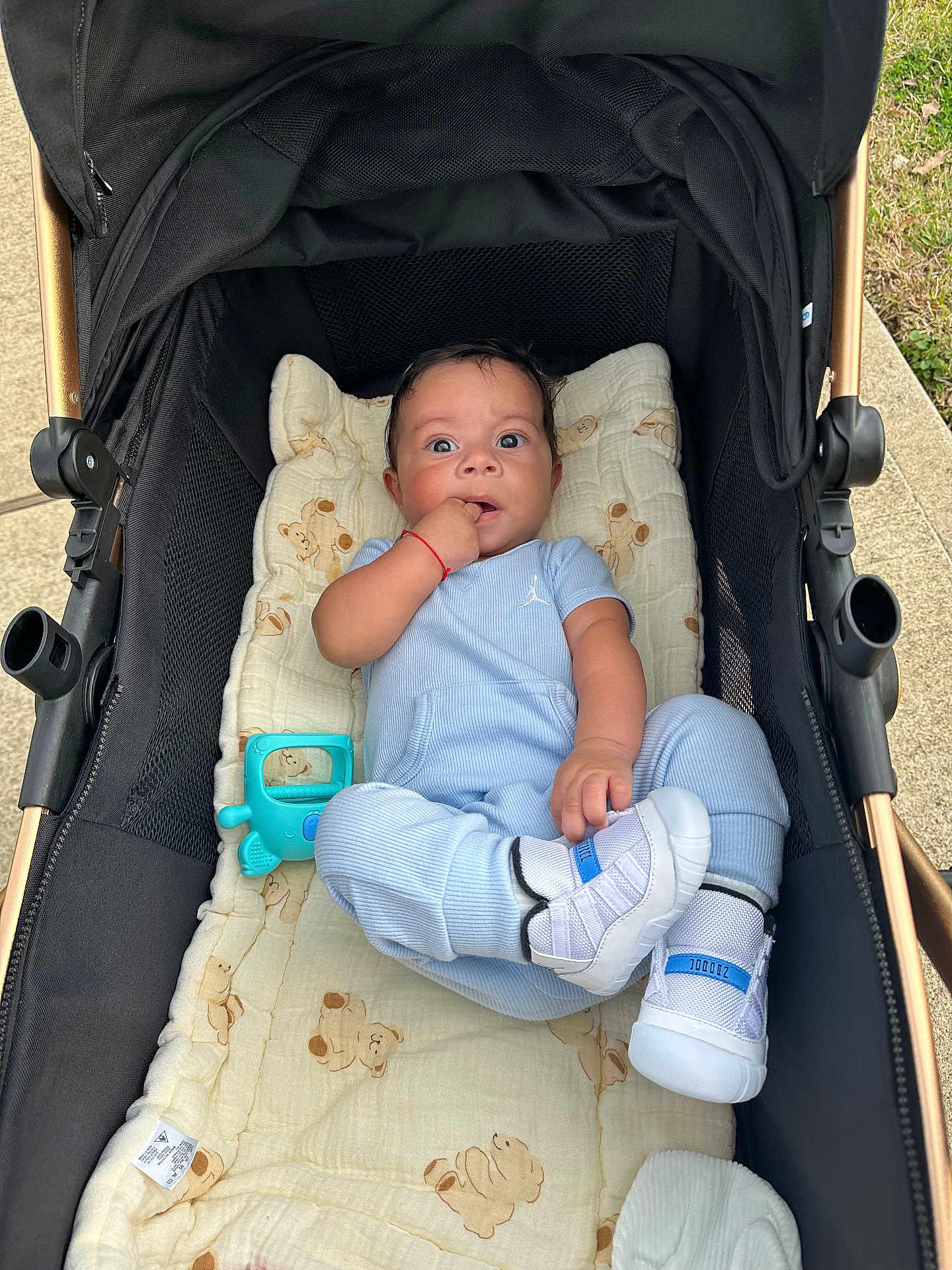 Michael joined the competition — help win amazing prizes! baby, stroller, blanket, toy, footwear, blue_clothing, infant, outdoor, curious, hand, face, person, cute, teddy_bear_pattern, sneakers, baby_clothes, child, small_toy, cushion