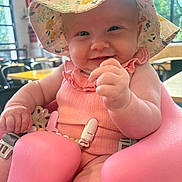 Solaris is registered to the contest to win money with this photo: baby, cheeks, child, clothing, cute, face, floral, hand, happy, hat, highchair, indoors, infant, pink, portrait, seat, smiling, sunlight, table, window