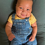 Maveriq is registered to the contest to win money with this photo: baby, blanket, cheeks, child, clothing, cute, denim_overalls, eyes, face, hands, happy, head, indoors, infant, person, portrait, sitting, skin, smile, yellow_shirt
