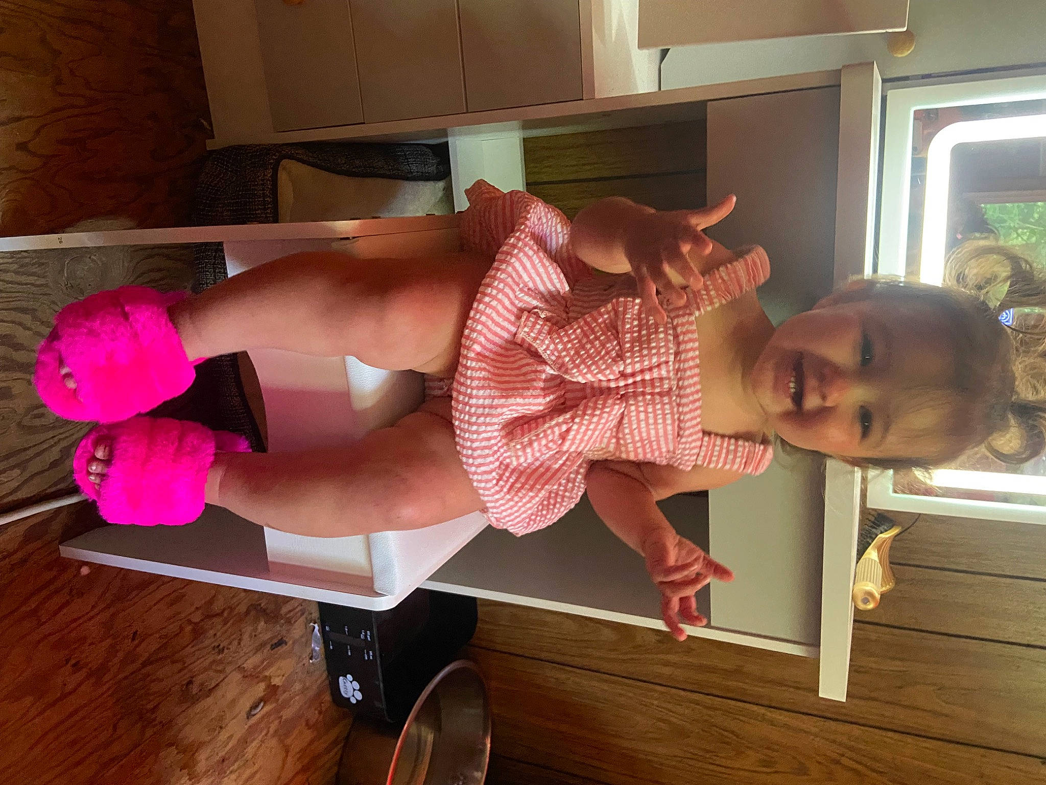 Evelynn is registered to the contest to win money with this photo: abdomen, balance, chest, elbow, flooring, foot, hardwood, human_leg, joy, knee, lingerie, person, smile, sock, sportswear, thigh, toddler, trunk, undergarment, waist