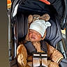 baby, infant, car_seat, sleeping, onesie, hat, fuzzy, cute, child, straps, seat_belt, cozy, toddler, adorable, face, headwear, clothing, rest, indoor, peaceful
