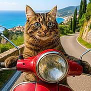 Tam-Tam a rejoint le concours — aidez-le/la à gagner de superbes lots ! cat, tabby, scooter, red_vehicle, road, coast, sea, sky, greenery, trees, mountains, outdoor, animal, pet, travel, adventure, transportation, vehicle, feline, nature