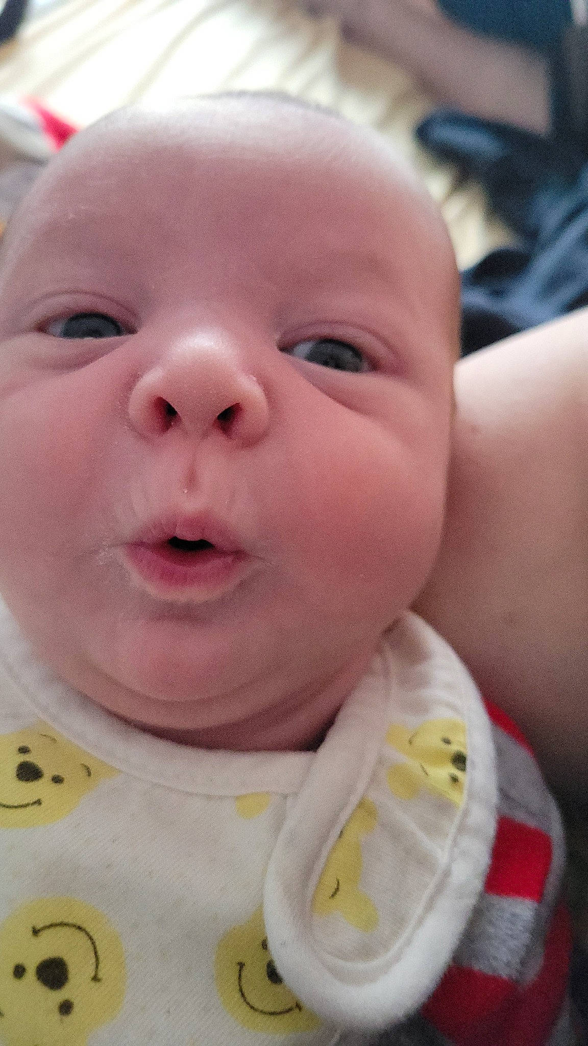 Camden is registered to the contest to win money with this photo: baby, baby_toddler_clothing, cheek, child, chin, ear, eye, eyebrow, eyelash, happy, iris, lip, mouth, neck, nose, person, pink, skin, thumb, toddler