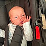 baby, infant, car_seat, black, white_clothing, blue_eyes, hand, face, seatbelt, straps, indoor, cute, child, young, newborn, expression, person, clothing, sitting, resting