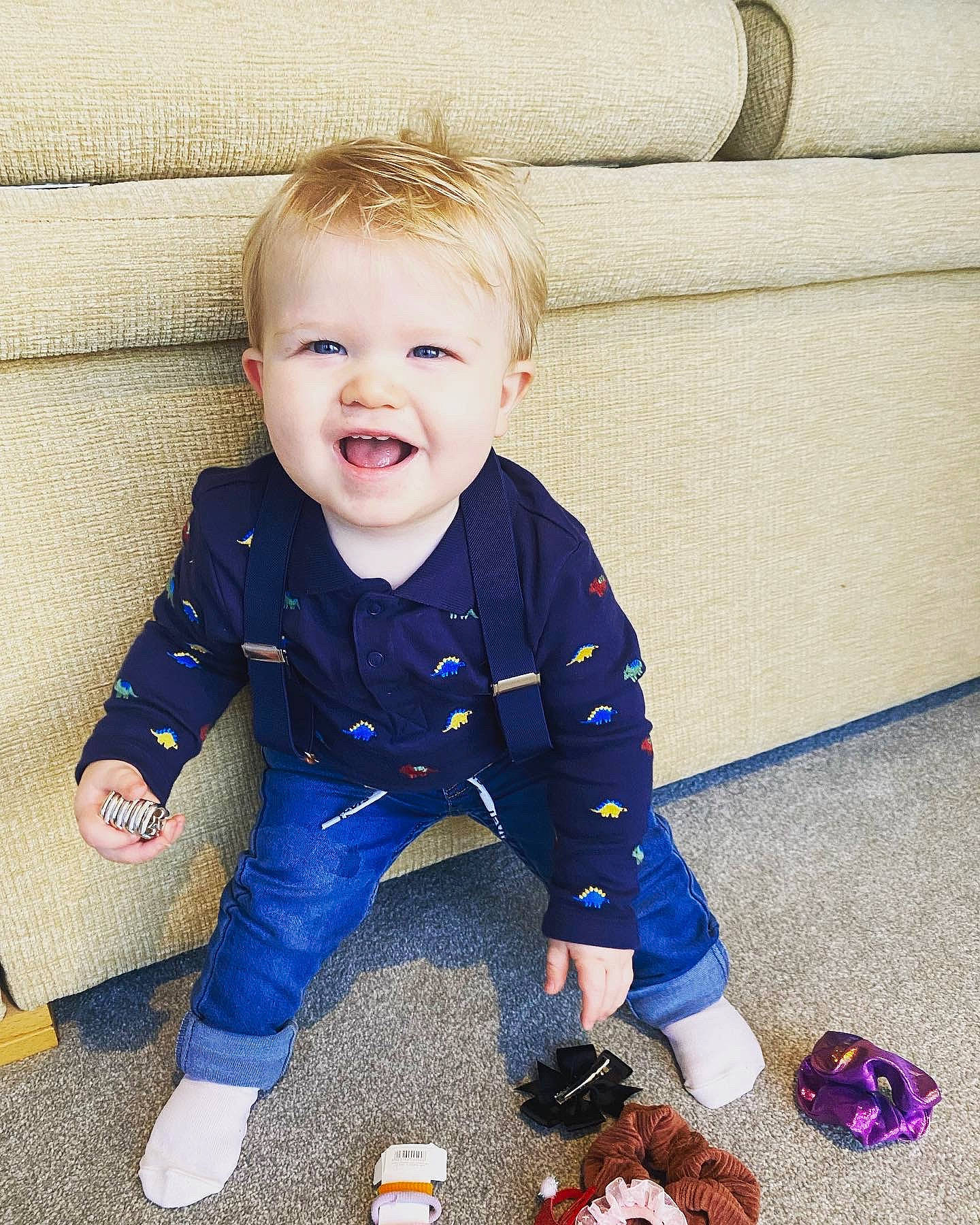 Freddie joined the competition — help win amazing prizes! baby, baby_toddler_clothing, child, electric_blue, flooring, fun, happy, human_leg, knee, pattern, person, play, sitting, skin, sleeve, smile, sportswear, t_shirt, toddler, toy