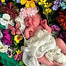 Timburlee joined the competition — help win amazing prizes! baby, newborn, flower_crown, artificial_flowers, floral_arrangement, white_fabric, sleeping, peaceful, closeup, portrait, colorful, pink, yellow, green, purple, orange, butterfly, soft_texture, cocoon, resting