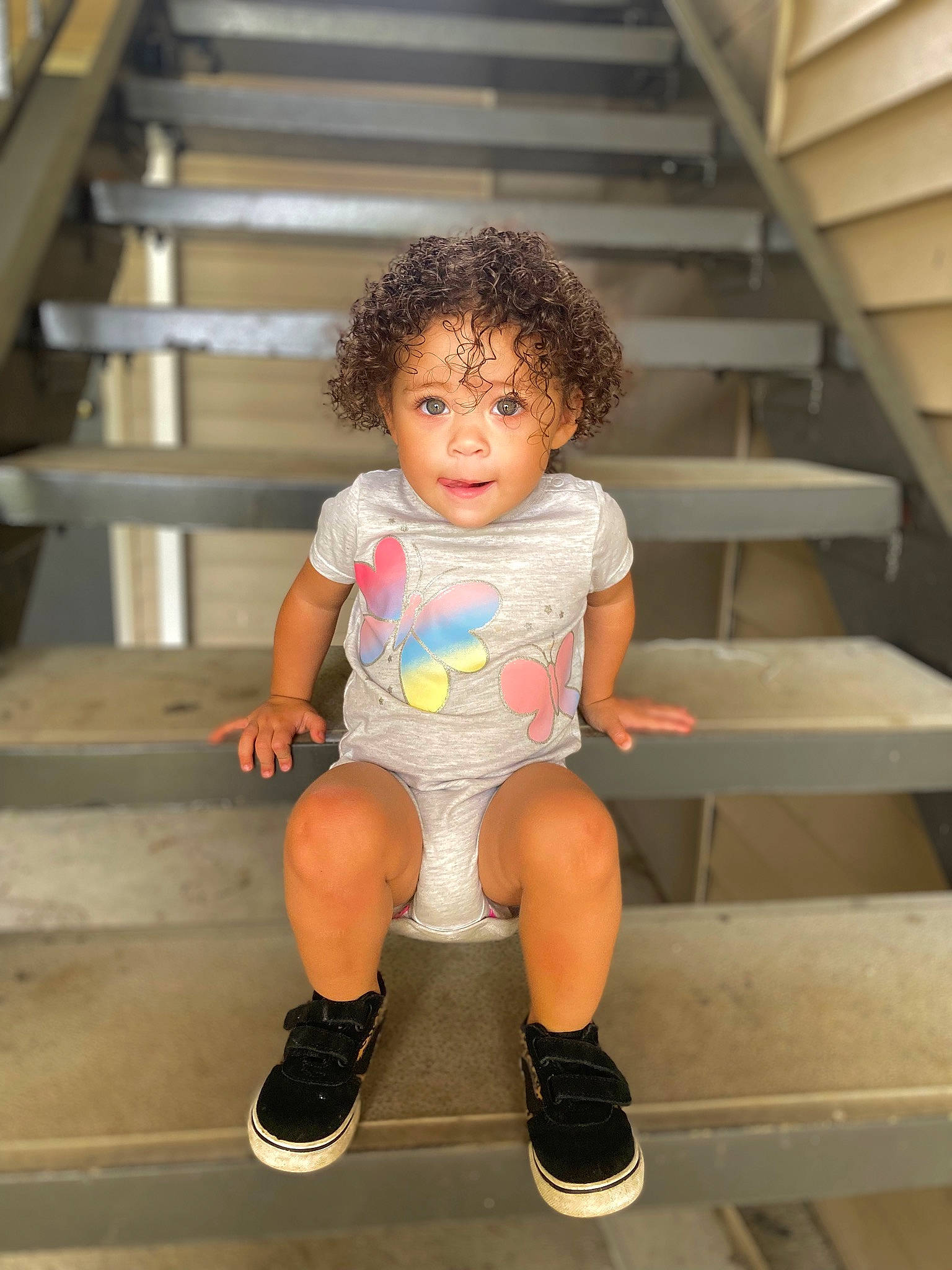 Zarra joined the competition — help win amazing prizes! baby_toddler_clothing, child, chin, eye, flash_photography, happy, head, human_leg, knee, leg, leisure, person, shoe, shorts, shoulder, sneakers, stairs, standing, thigh, toddler