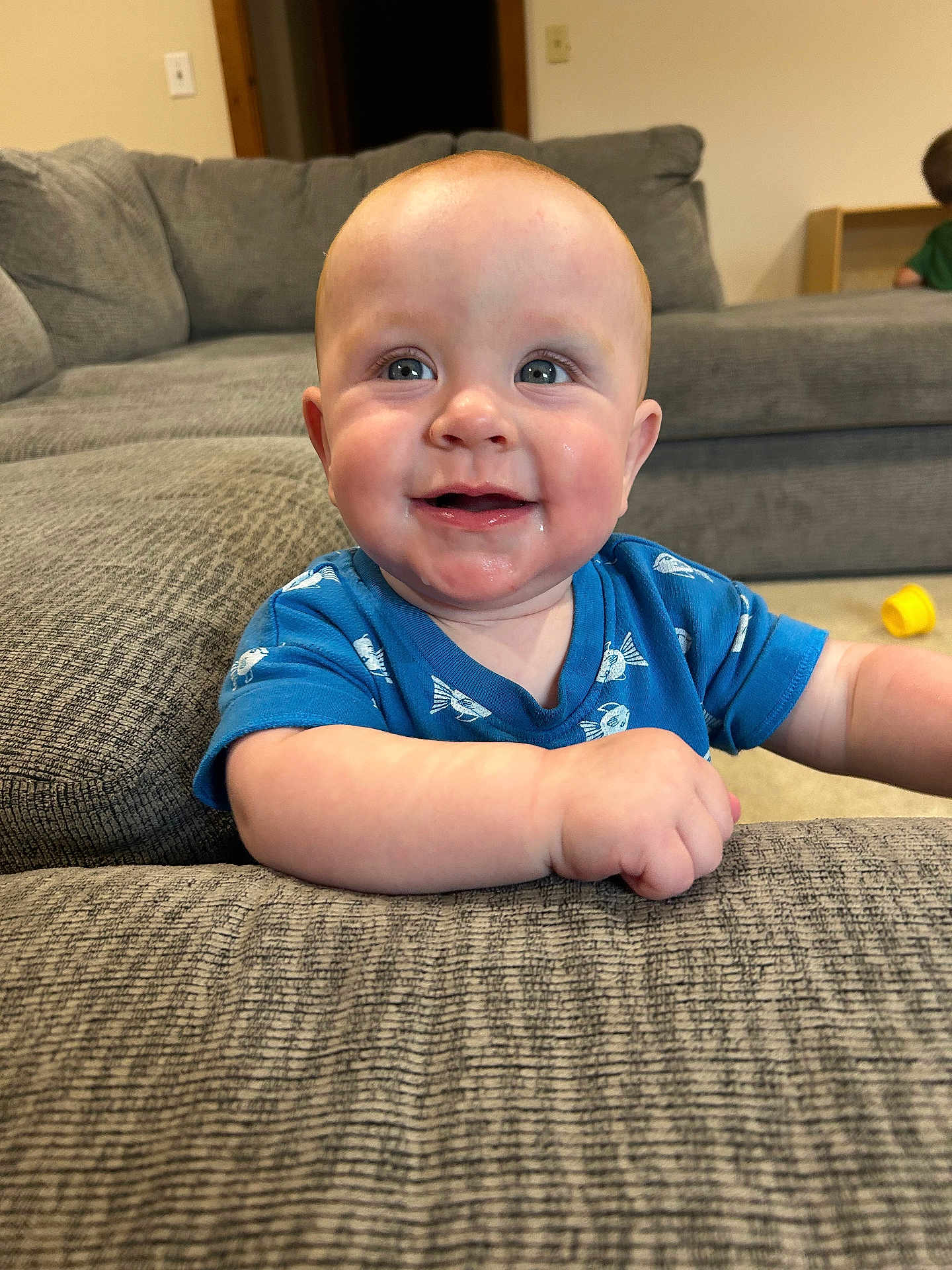 Owen joined the competition — help win amazing prizes! baby, child, smile, blue_shirt, fish_print, couch, living_room, carpet, happy, infant, arm, face, indoor, furniture, person, young_child, background, toy, playing, home