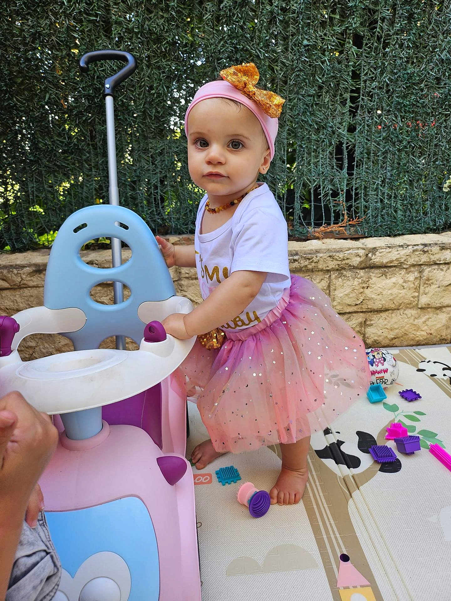 Raïley participe au concours pour gagner de l'argent avec cette photo : toddler, child, pink_tutu, headband, ride_on_toy, play_mat, toys, outdoor, greenery, stone_wall, barefoot, cute, playtime, colorful, happy, girl, summer, daylight, fashion, fun