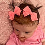 Payton joined the competition — help win amazing prizes! baby, pink, bows, pacifier, infant, cute, child, portrait, soft_texture, blanket, clothing, hair_accessory, lying_down, indoors, close_up, face, expression, young, adorable, person